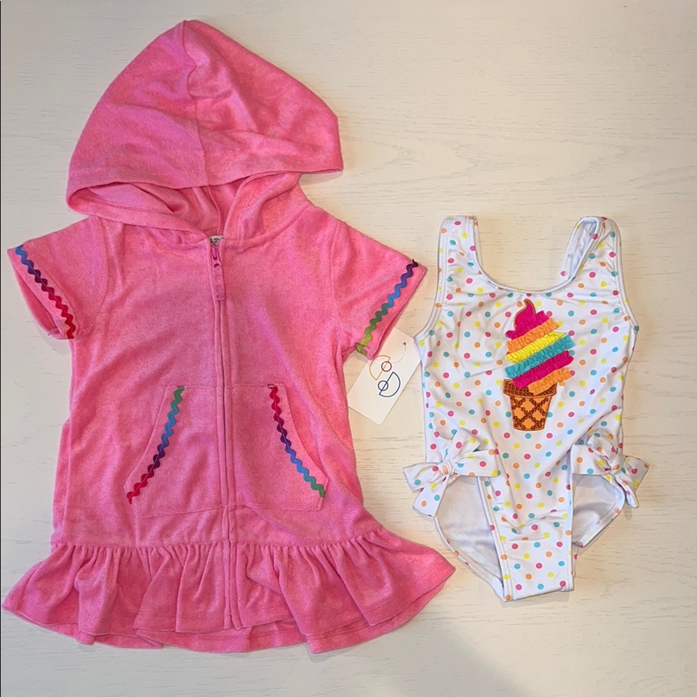 Flapdoodles Toddler Girl 2 Piece Swim Set Coverup One Piece Ice Cream 3T